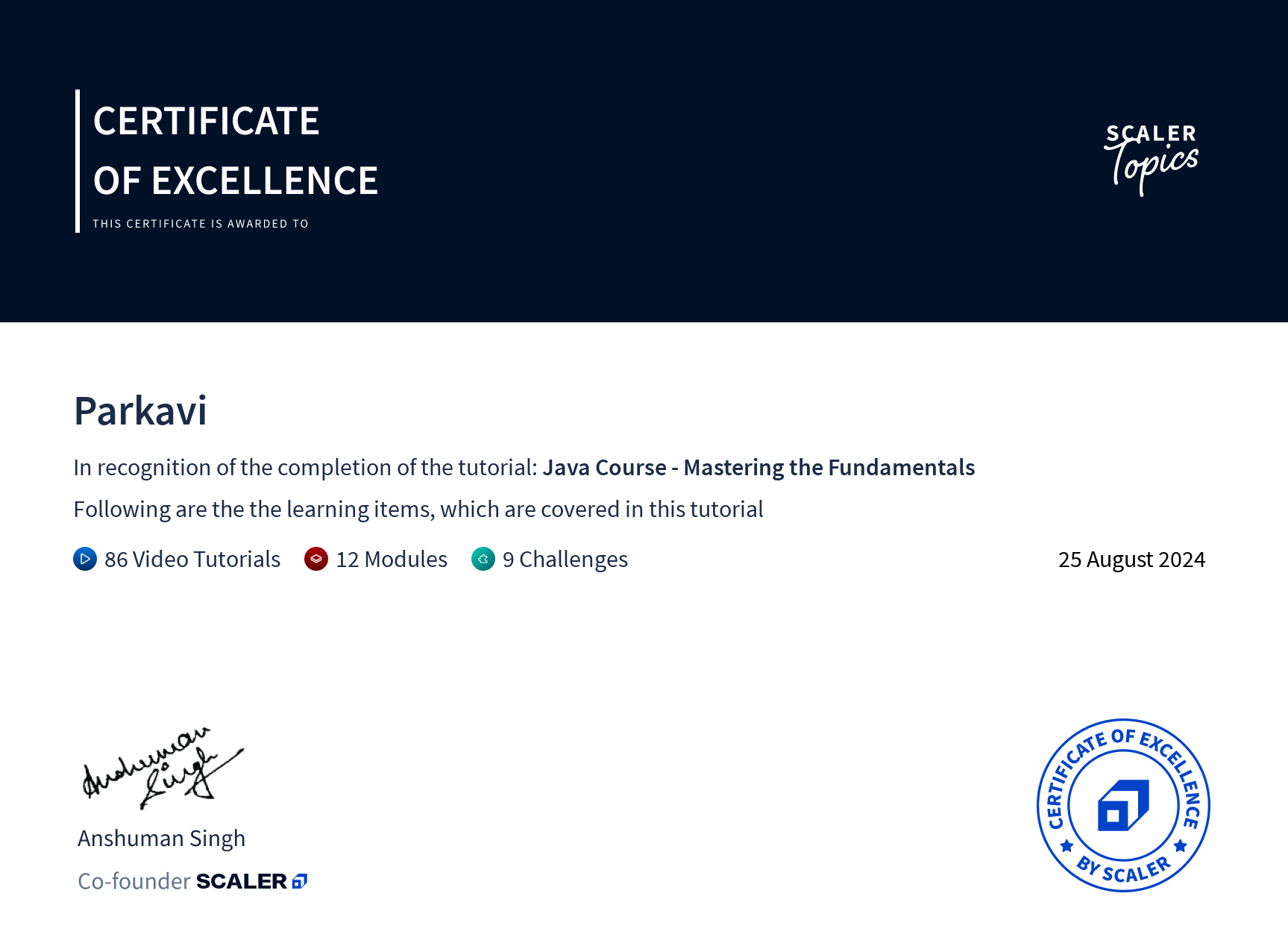 Scaler Java Course Certificate
